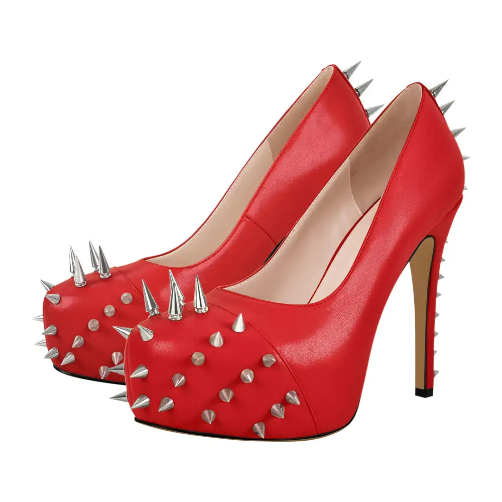 Rivet Round Toe Platform Stiletto Buckle Strap Pumps