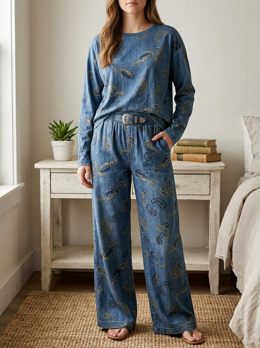 Women's Western Paisley Denim Printed Long Sleeve Lounge Set