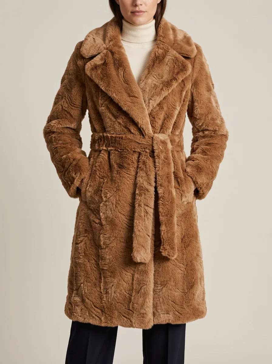 Plush Solid Faux Fur Belted Coat