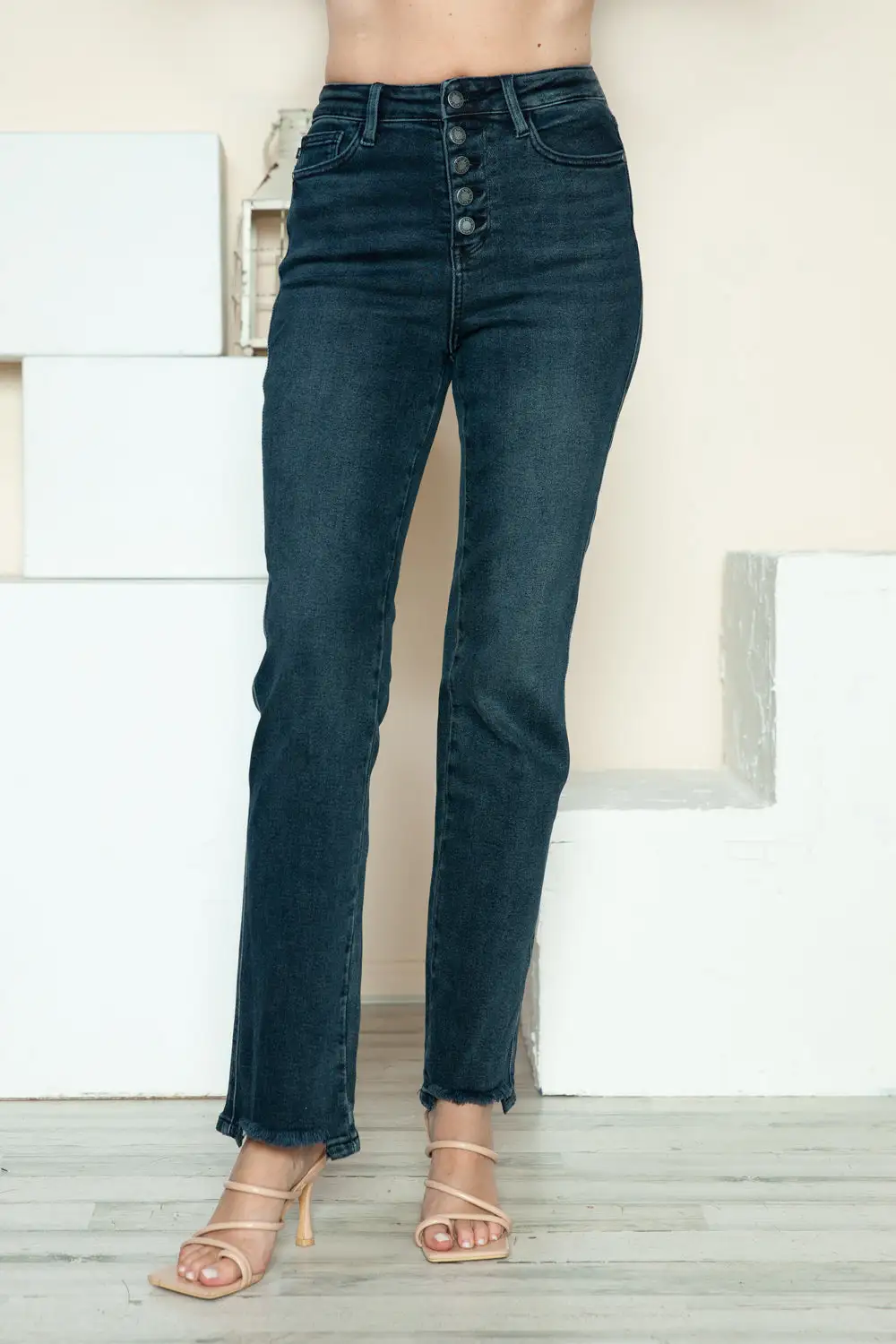 Button Fly Hem Destroy Straight Denim Jeans