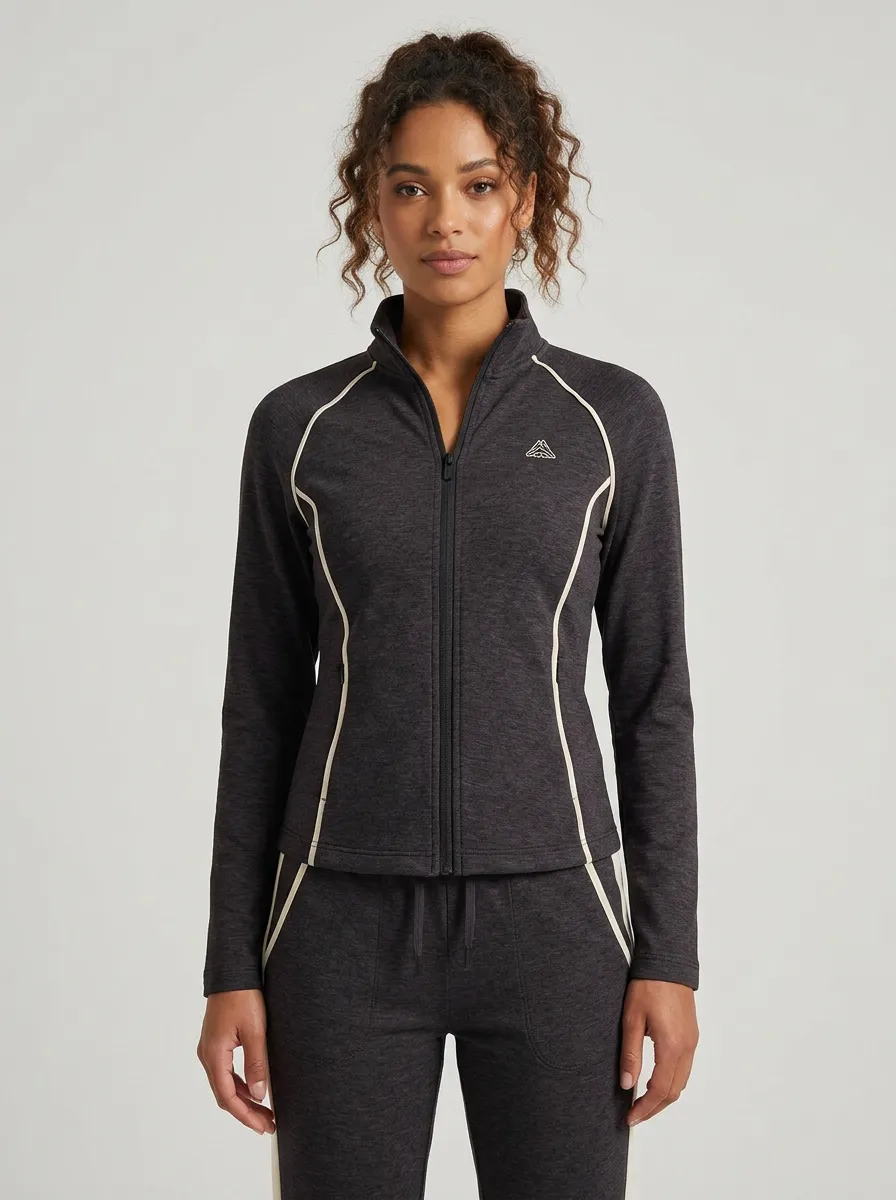 Women's Athletic Fitness Yoga Contrast Piping Zip-up Tracksuit