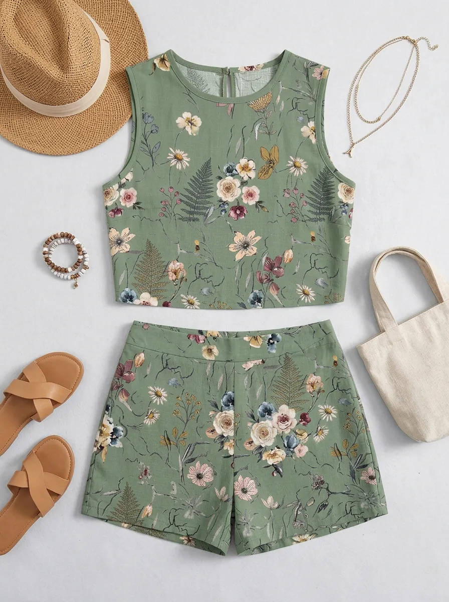 Women's Botanical Garden Floral Printed Sleeveless Shorts Set