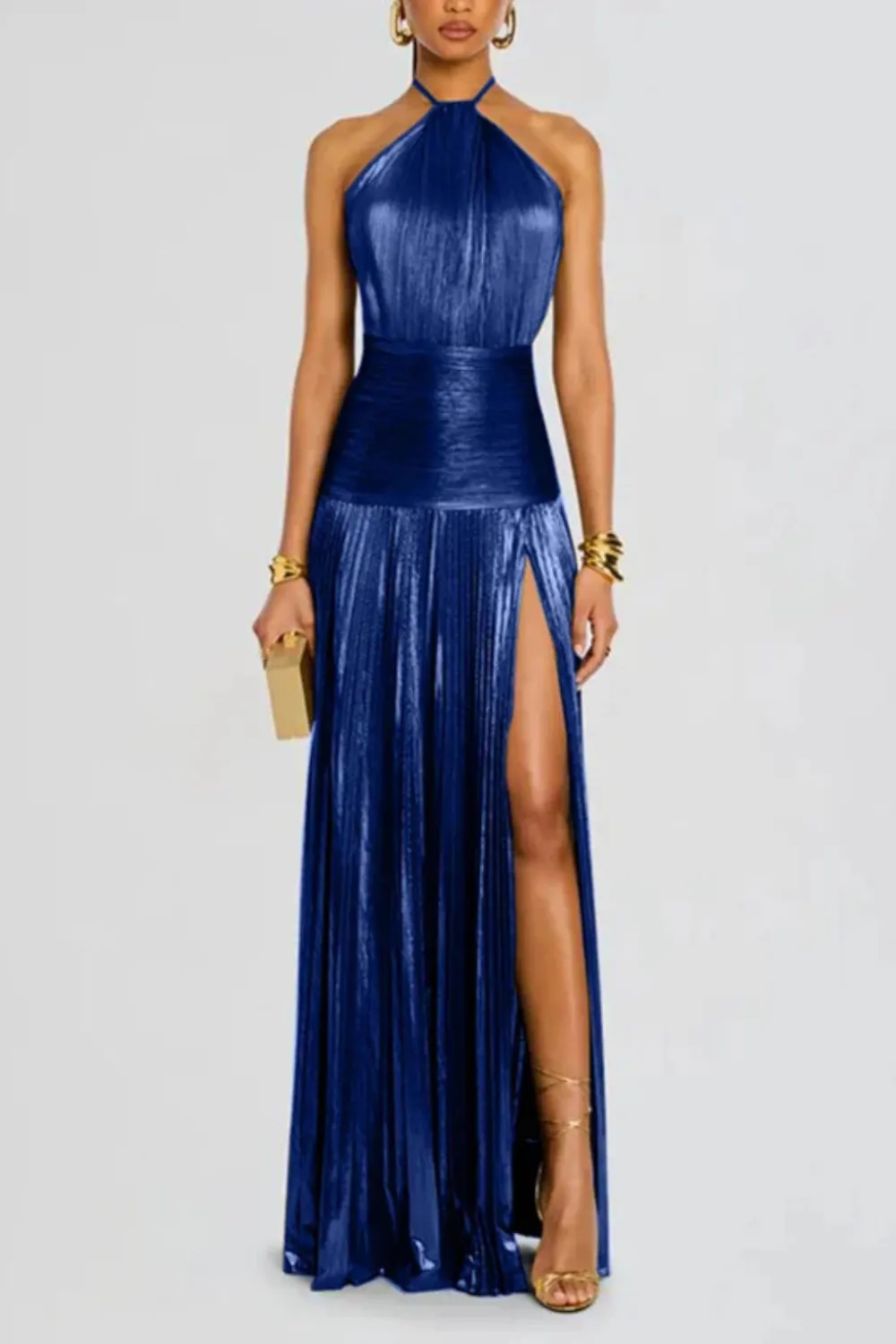  Halter Neck Pleated Satin Maxi Dress