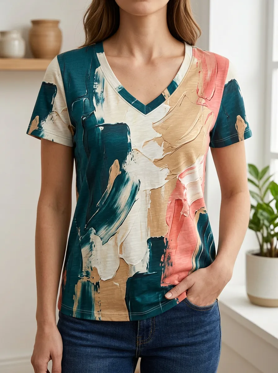 Women's Abstract Oil Painting Print V-Neck Printed T-Shirt