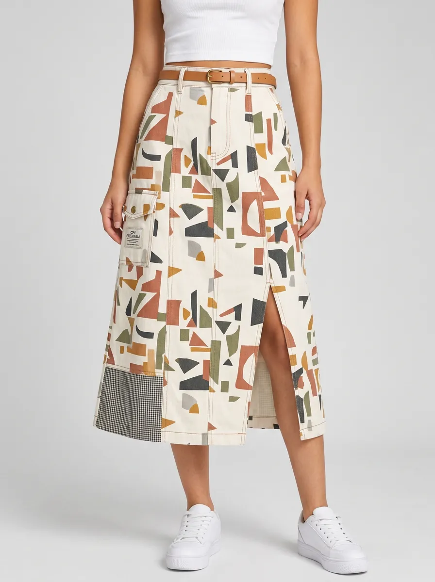 Women's Abstract Geometric Pattern Printed Midi Cargo Skirt