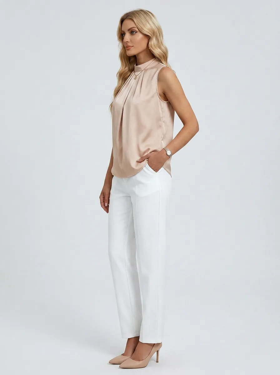 Satin Pleated Mock Neck Sleeveless Top
