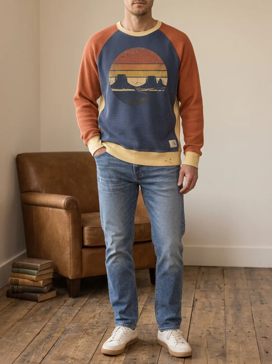 Men's Vintage Desert Sunset Landscape Printed Waffle Knit Sweatshirt