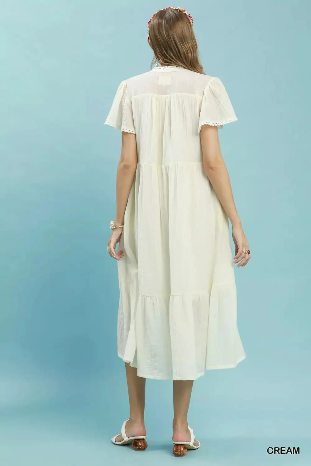 V-Neck Tiered Lace Trim Pocketed Midi Dress