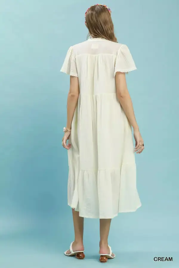 V-Neck Tiered Lace Trim Pocketed Midi Dress