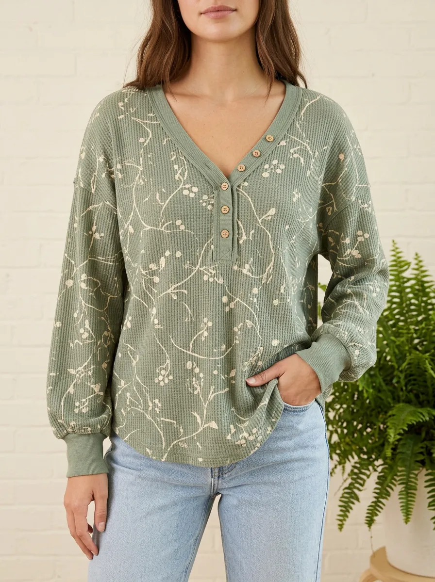 Women's Botanical Nature Lover Floral Printed Waffle Henley Shirt