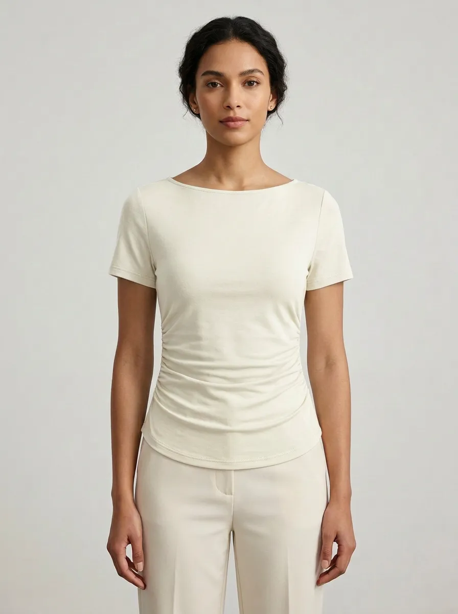 Fitted Boat-Neck Side-Ruched Ruched Fitted Top