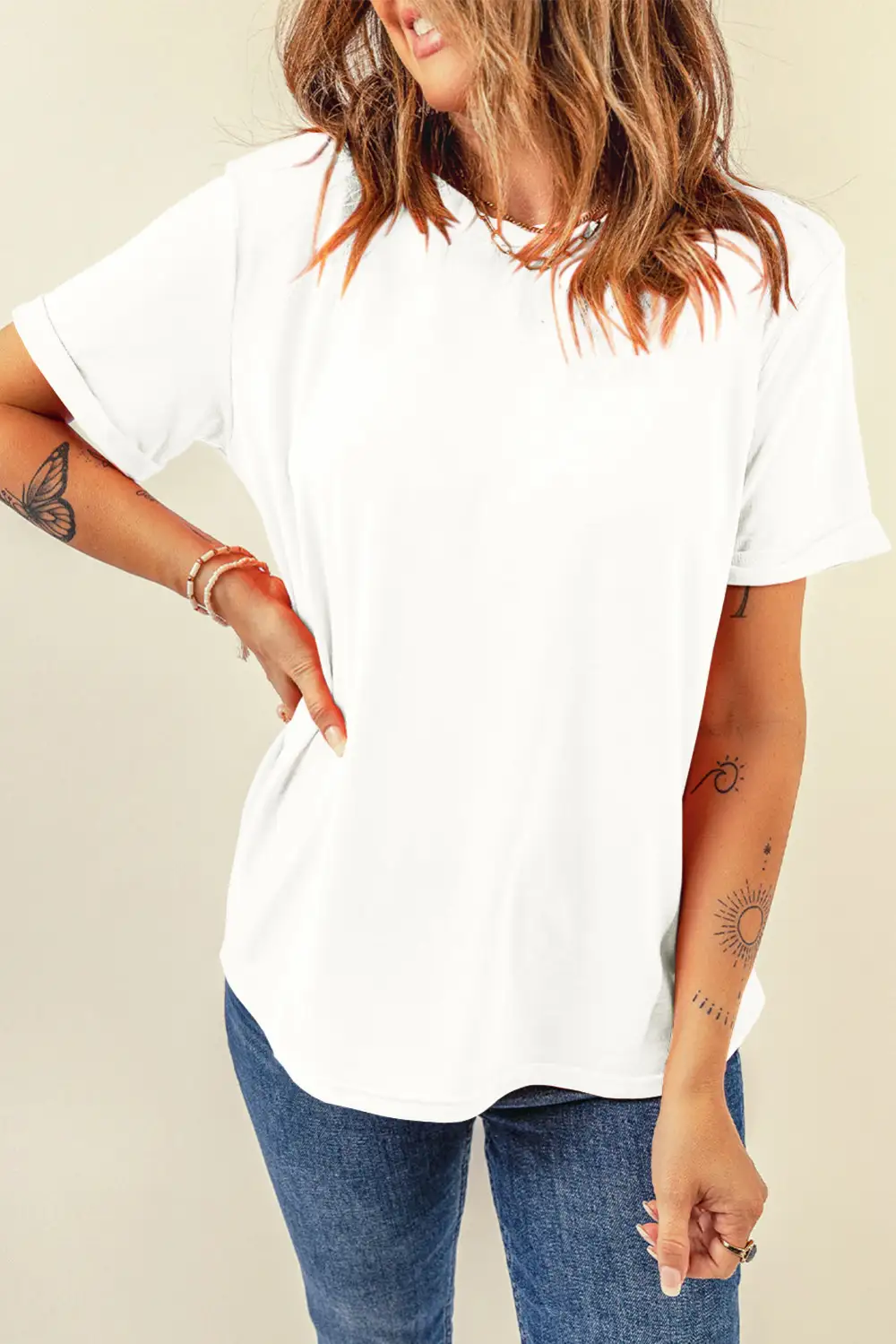 White Casual Plain Crew Neck