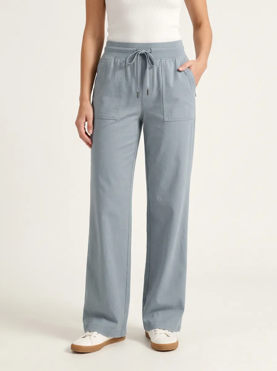 Women's Blue Wide Leg Elastic Waist Pants with Drawstring and Cotton