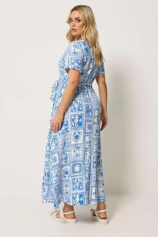 Blue Mixed Palm Tree Wrap Front Dress