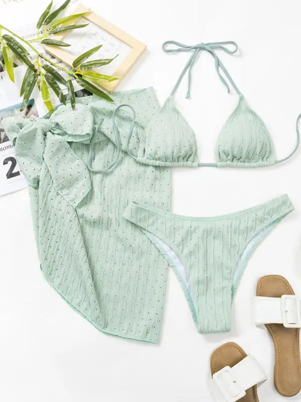 Lace Up Textured Layered Bikini Swim Set