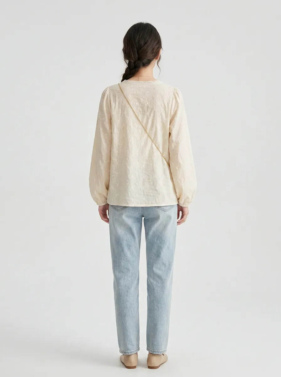 Embroidered Floral V-Neck Women's Puff-Sleeve Blouse
