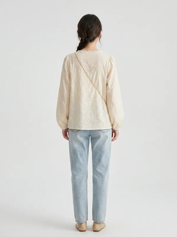 Embroidered Floral V-Neck Women's Puff-Sleeve Blouse