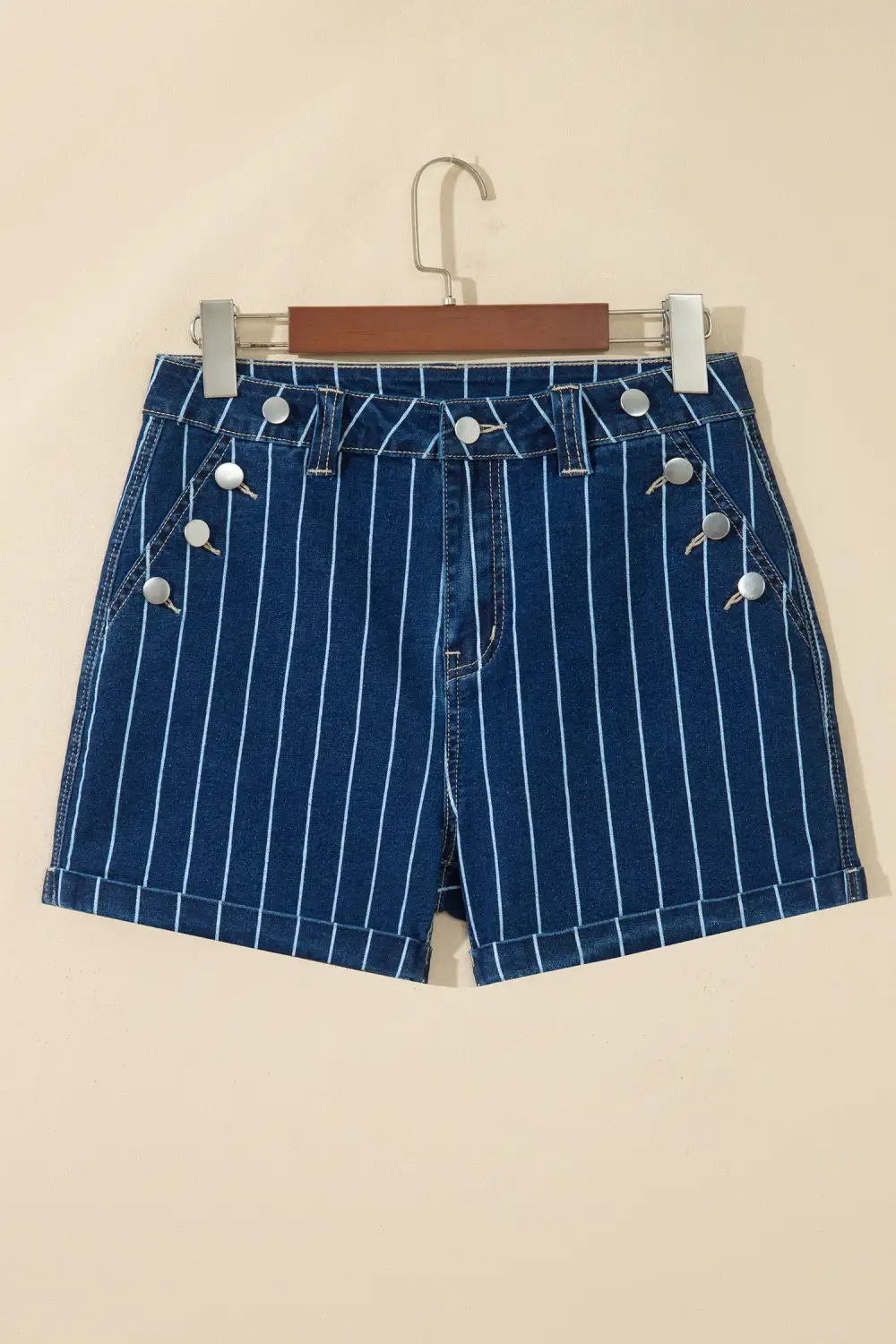 Button-Detail Striped Denim Shorts