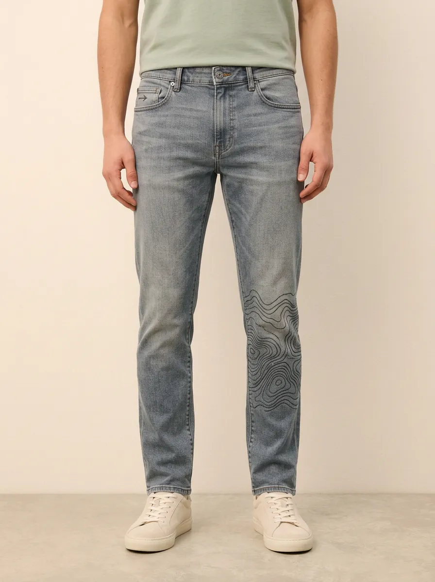 Men's Light Wash Outdoor Topographic Map Stretch Jeans