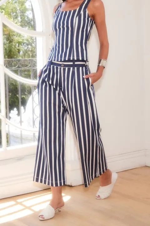 Navy White Striped Wide Leg Trousers