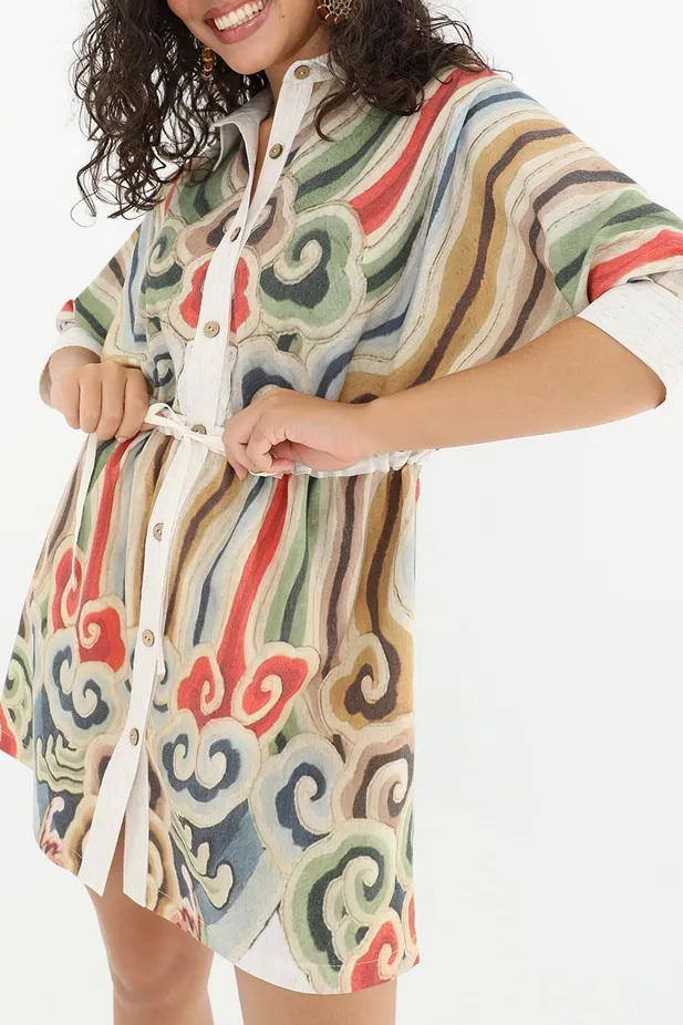 Linen Blend Colorful Kimono Mini Dress