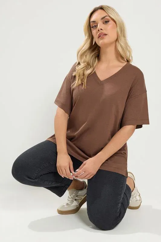 Chocolate Brown V-Neck Longline T-Shirt