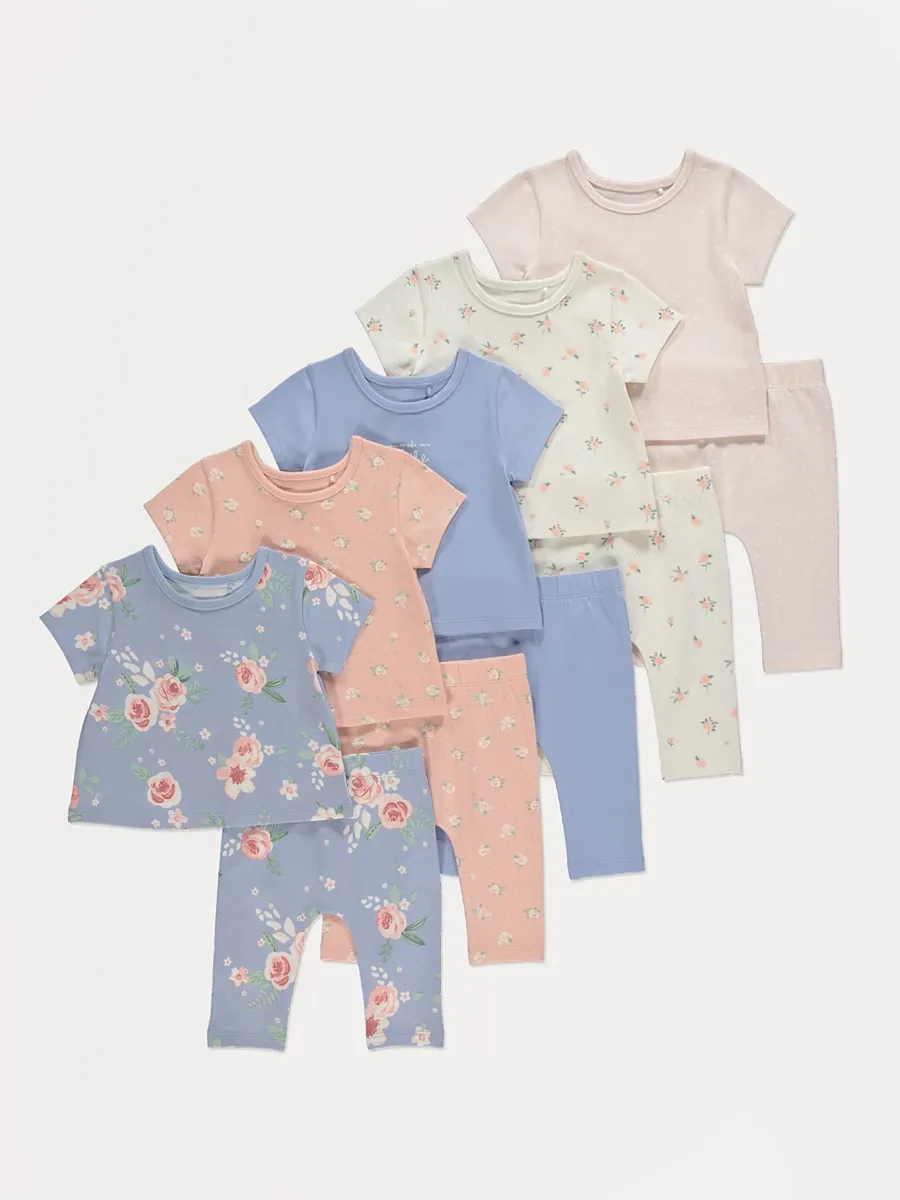 Blue Floral Short Sleeve Tops and Leggings 5 Pack