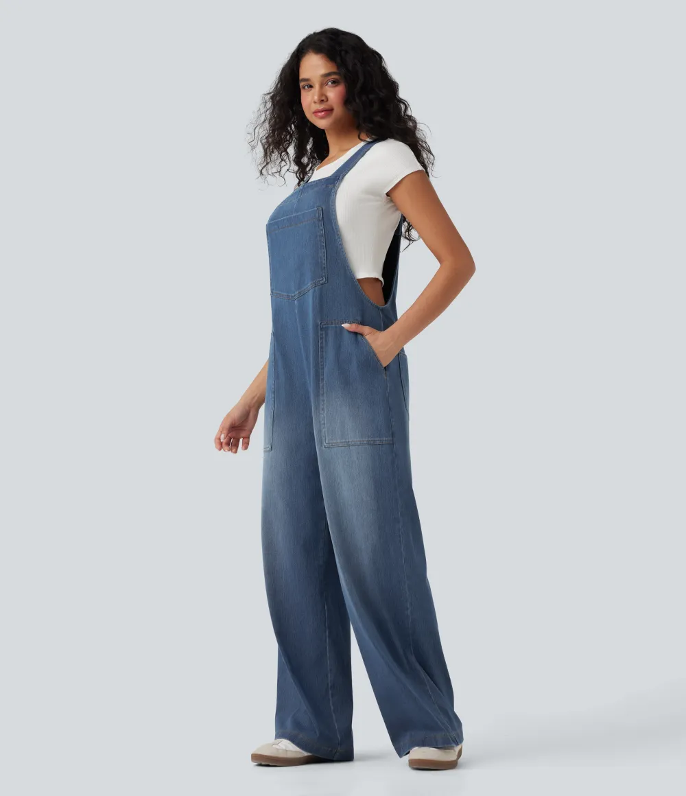  Square Neck Washed Denim Casual Overalls with Pockets