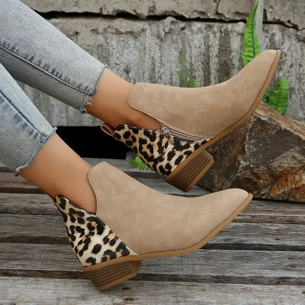 Leopard Point Toe Block Heels Boots