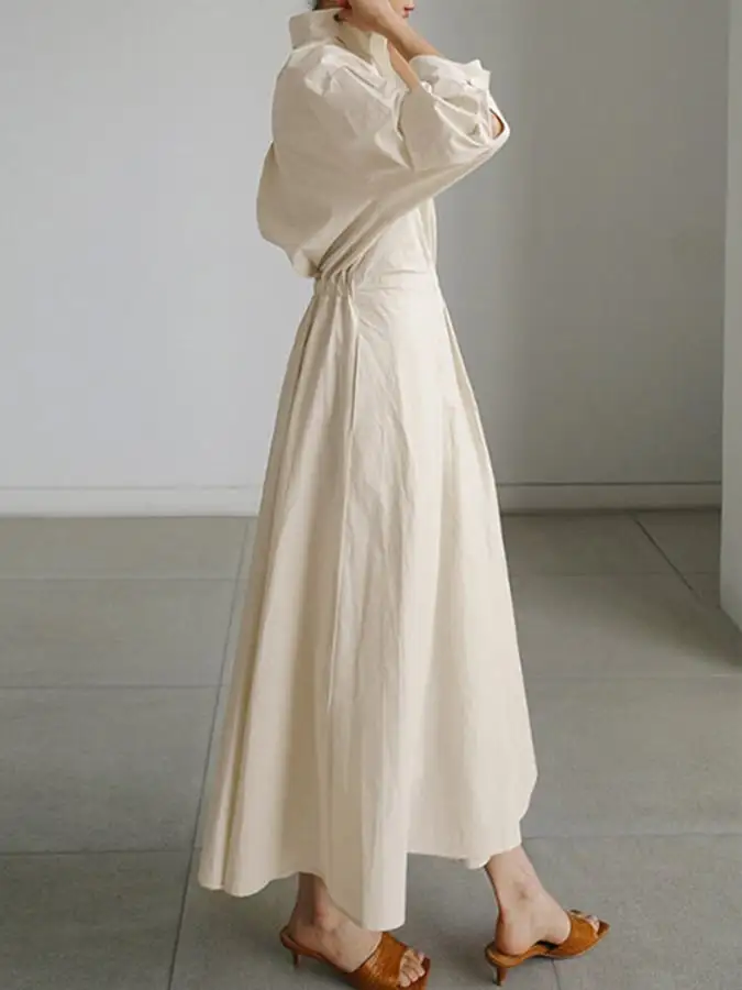 Women's Solid Pocket Button Lapel Long Sleeve Maxi Shirt Casual Dress