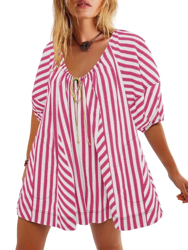 Short Sleeved Striped Jumpsuit Slim Loose Shorts
