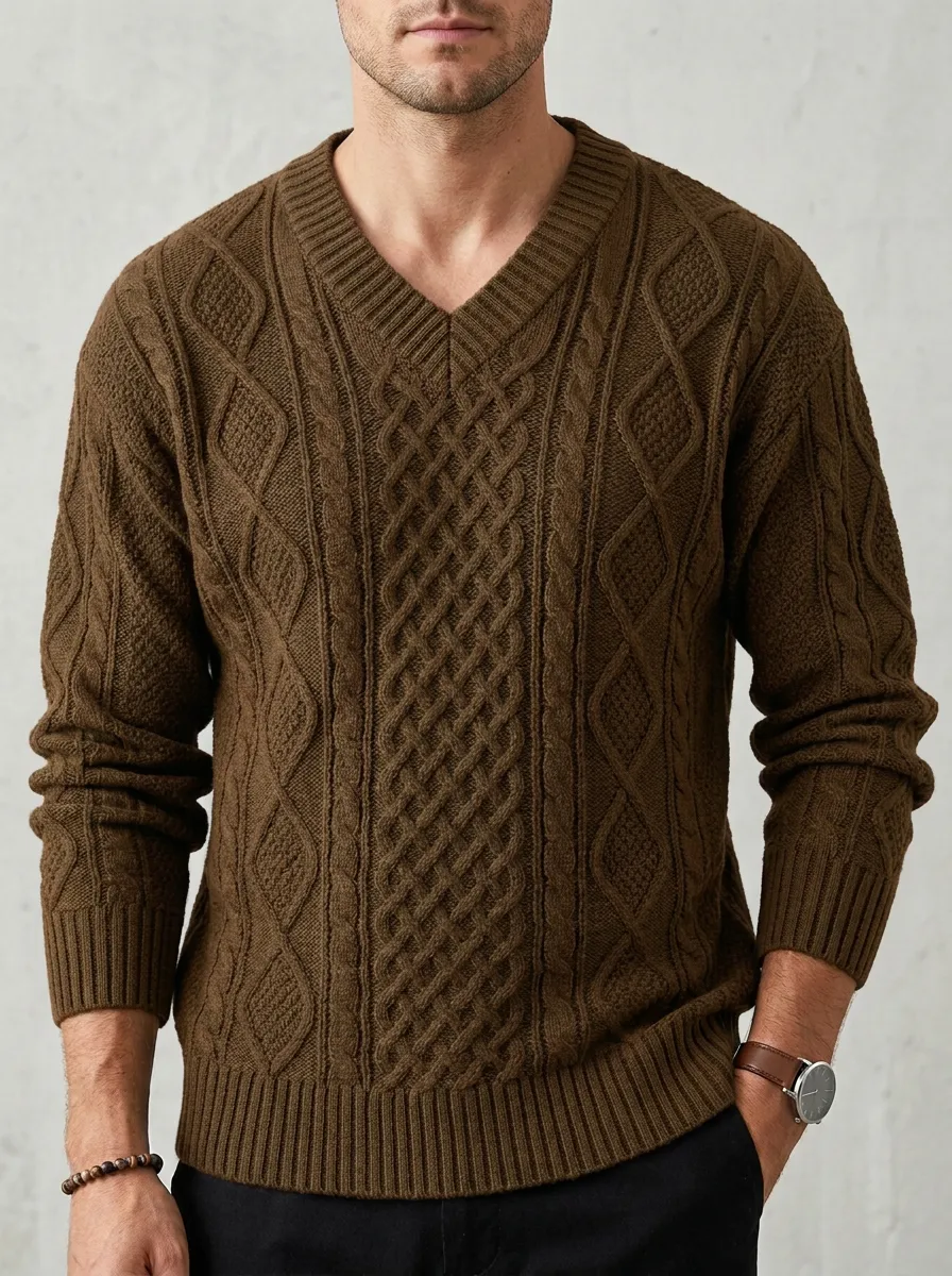 Men’s Ribbed Cable-Knit V-Neck Weekend Sweater