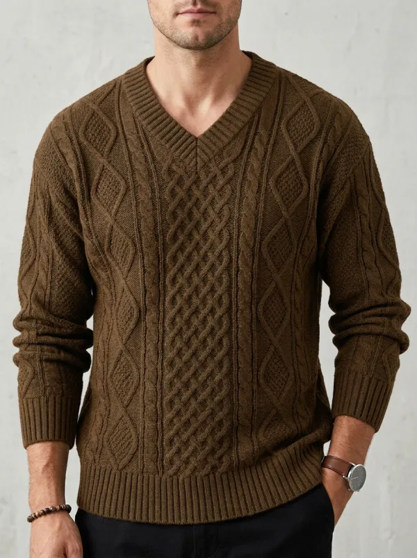 Men’s Ribbed Cable-Knit V-Neck Weekend Sweater