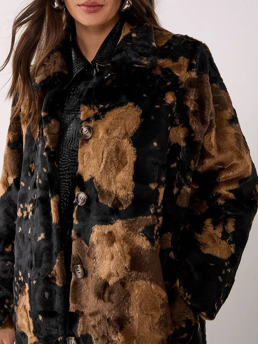 Brown Black Camo Print Long Shearling Coat
