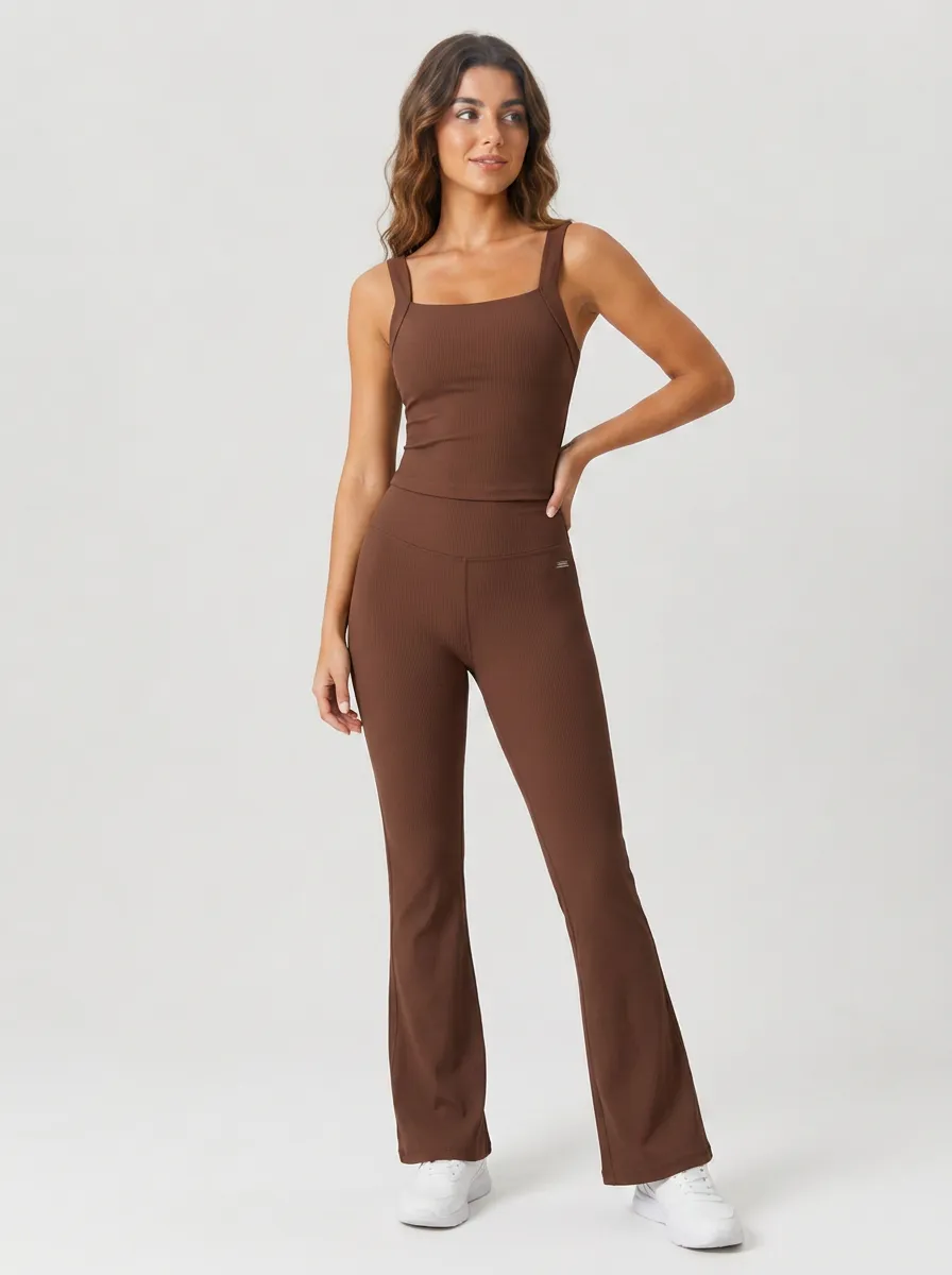 Women's Yoga Fitness Brown Ribbed Square Neck Flare Legging Set