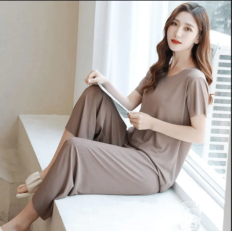 (💥48 % OFF)Soft Comfortable Ice Silk Short Sleeve T-Shirt Two Piece Set Loose Wide-leg Pants