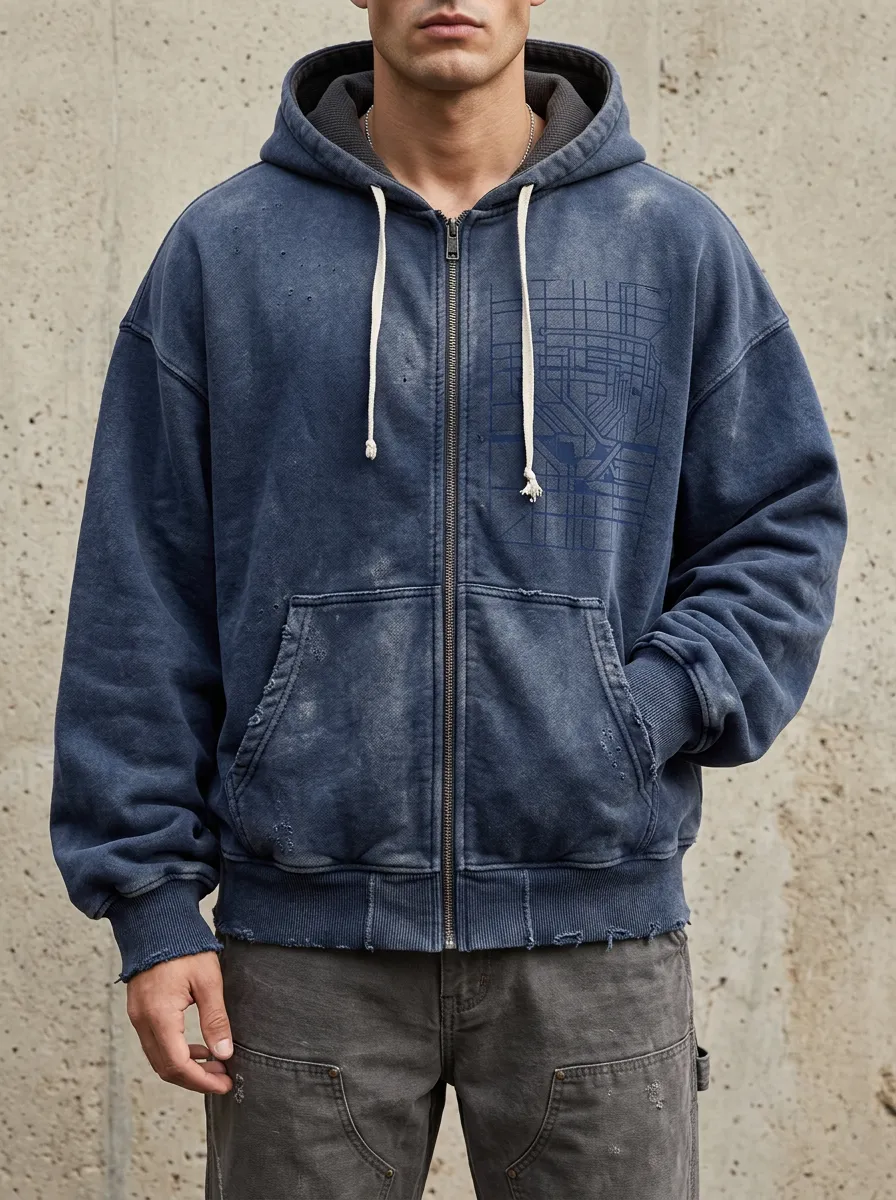 Men's Streetwear Urban Map Graphic Distressed Printed Zip Hoodie