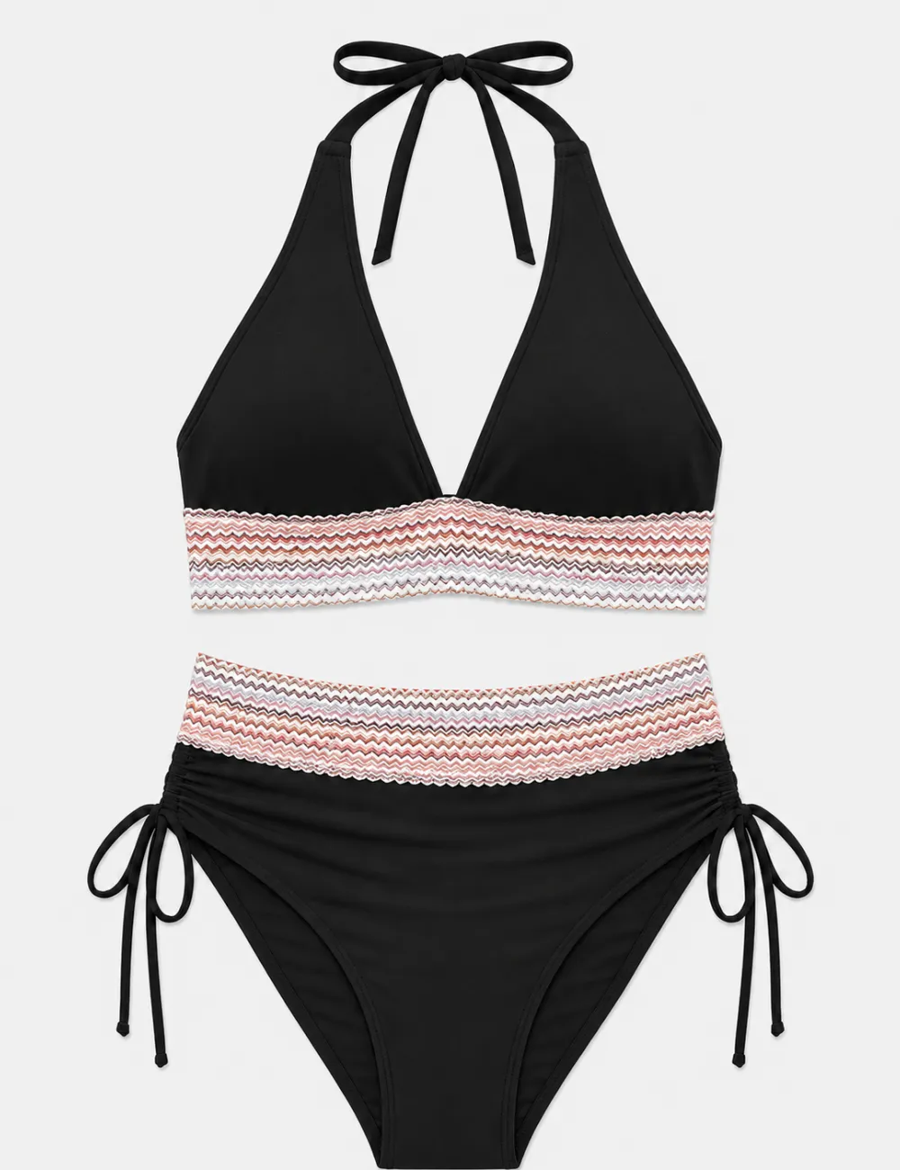 Deep V Neck Colorful Zigzag Smocked Trim Bikini Set