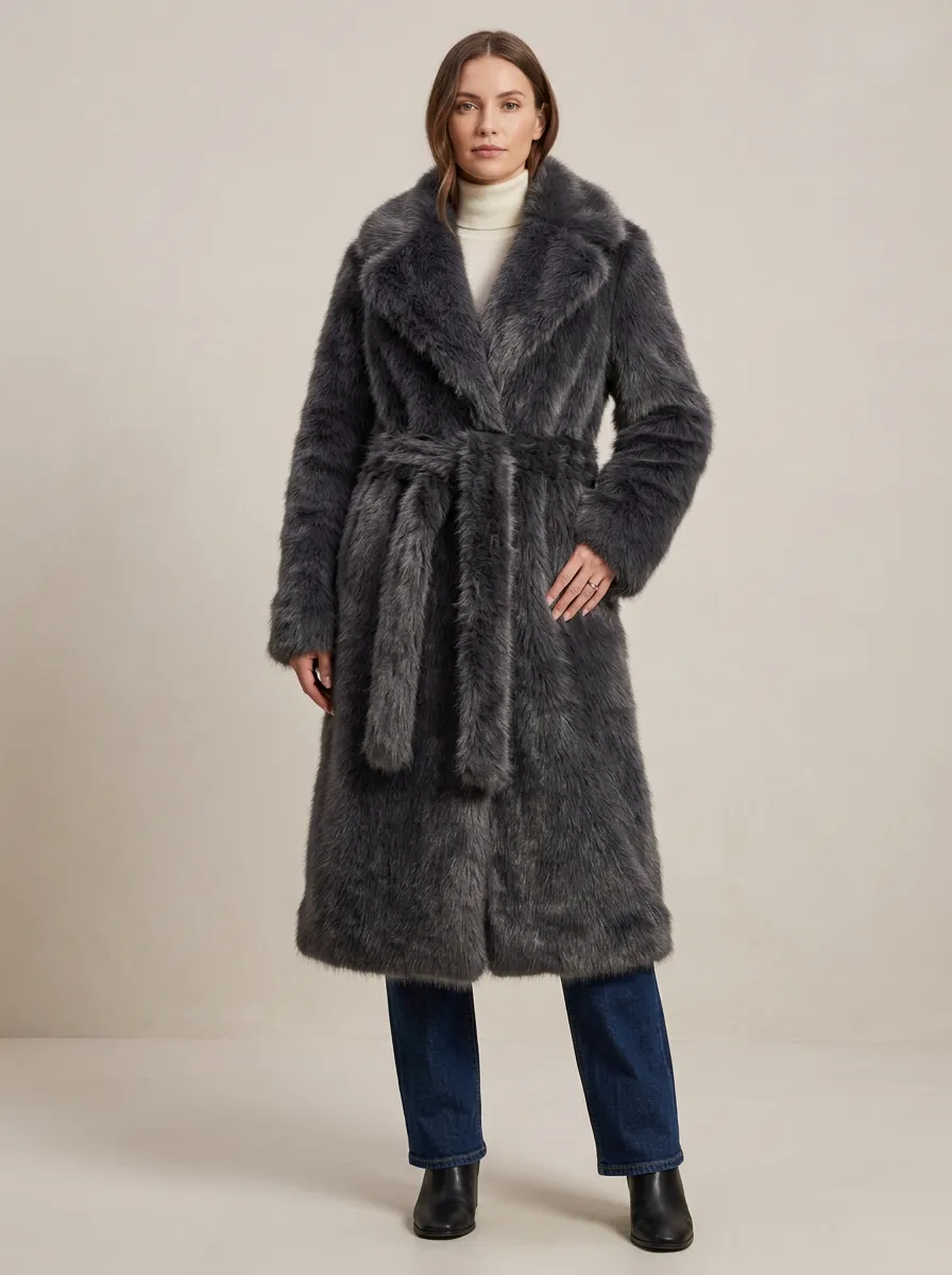 Notched Lapel Charcoal Faux Fur Belted Coat