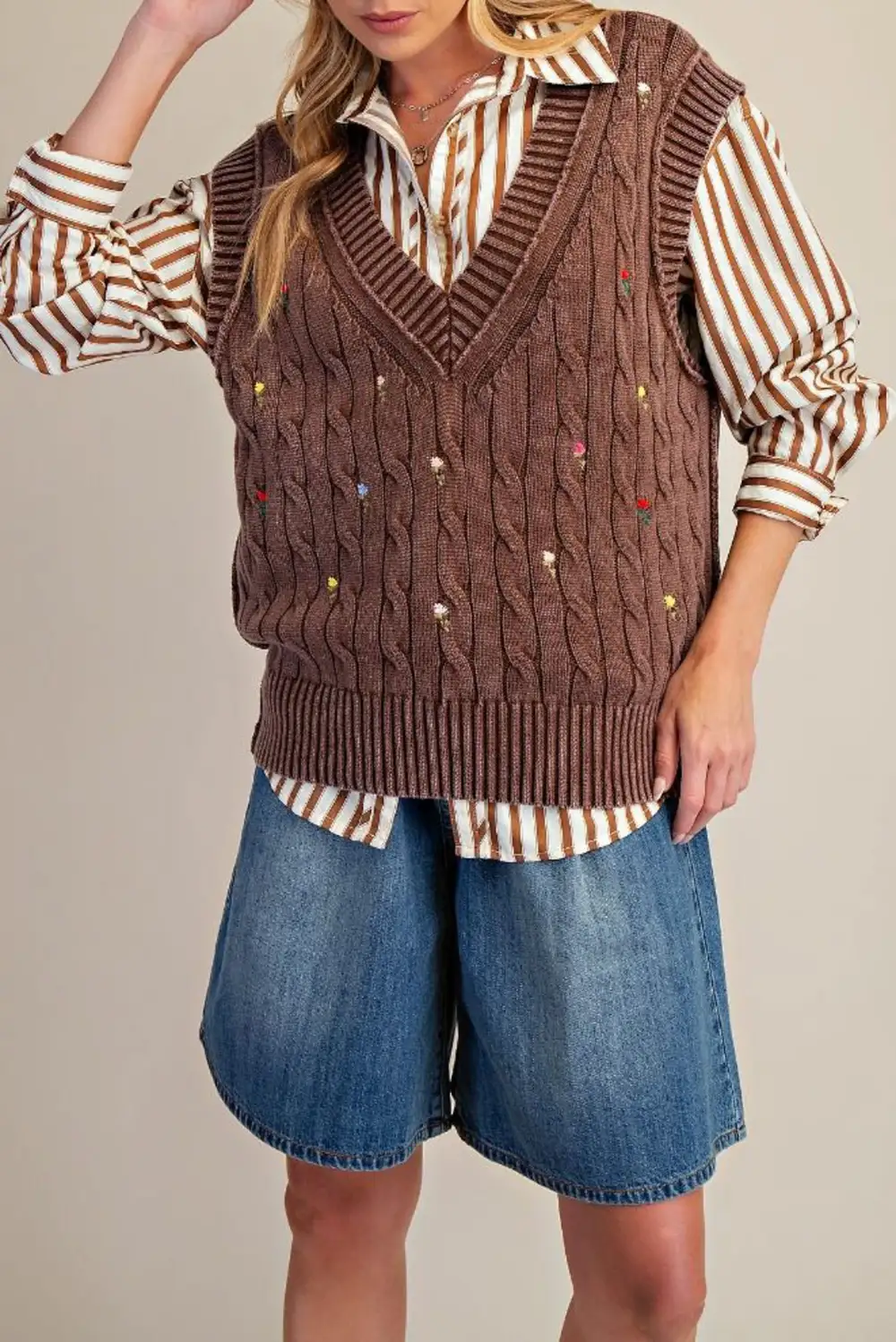 Floral Embroidered Oversized Relaxed Sweater Vest
