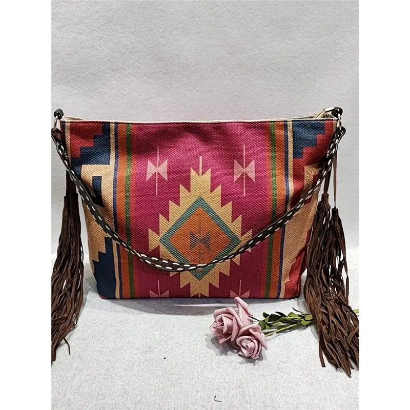 Casual Ethnic Pattern Tassel Shoulder Bag
