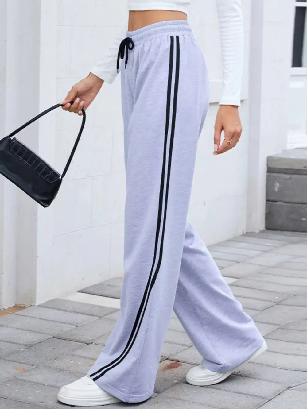 Wide Leg Striped Drawstring Everyday Pants