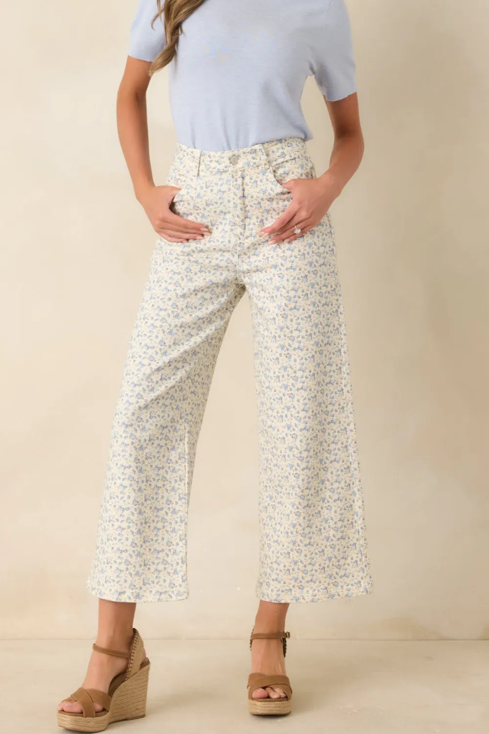 Light Floral Cotton Wide Leg Jeans