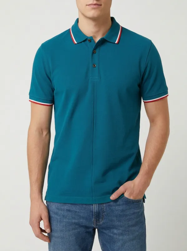 Men's Navy Blue Contrast Tipped Collar Printed Modern Polo Shirt