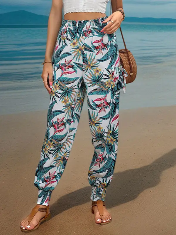 Work Pants Pocket Tropical Print Trousers Leggings