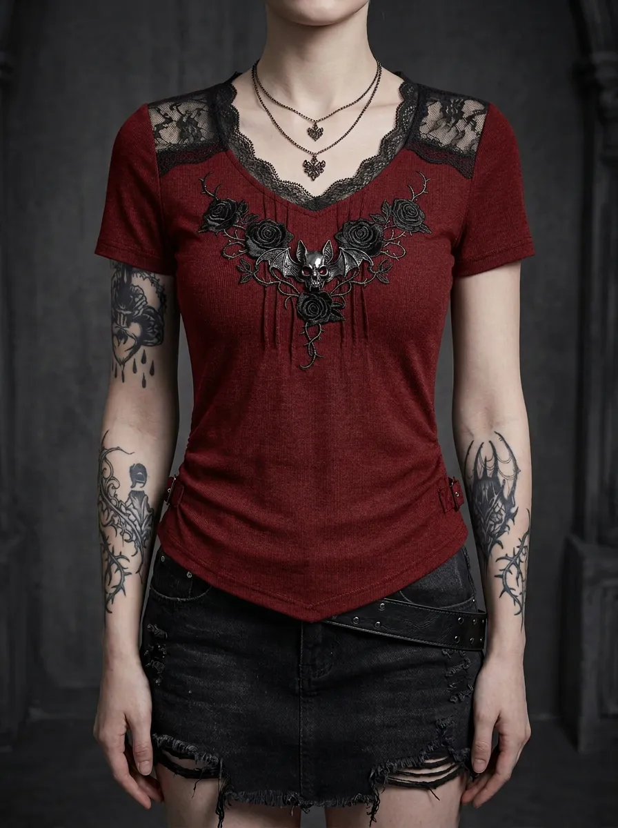 Moonlit Bat Rose Lace Alternative Look Women's Gothic T-Shirt