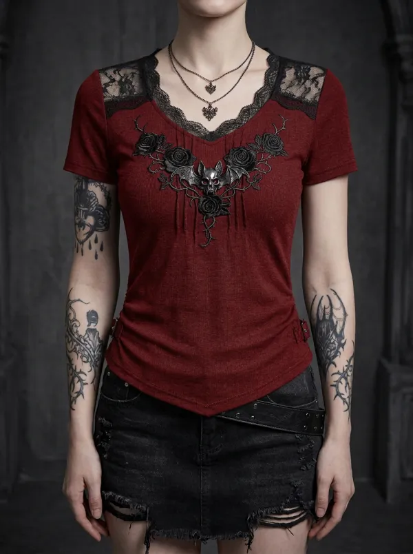 Moonlit Bat Rose Lace Alternative Look Women's Gothic T-Shirt