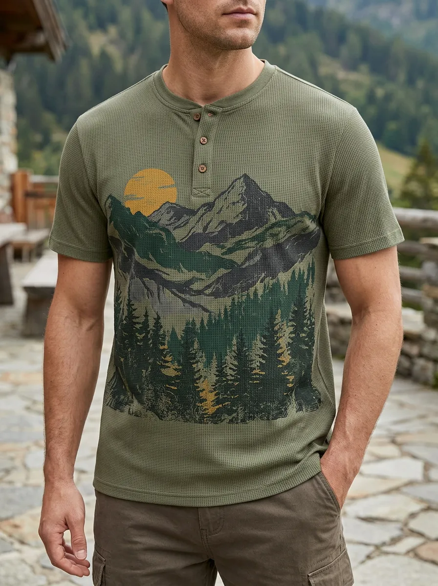 Men's Modern Outdoor Nature Lover Mountain Forest Henley T-Shirt