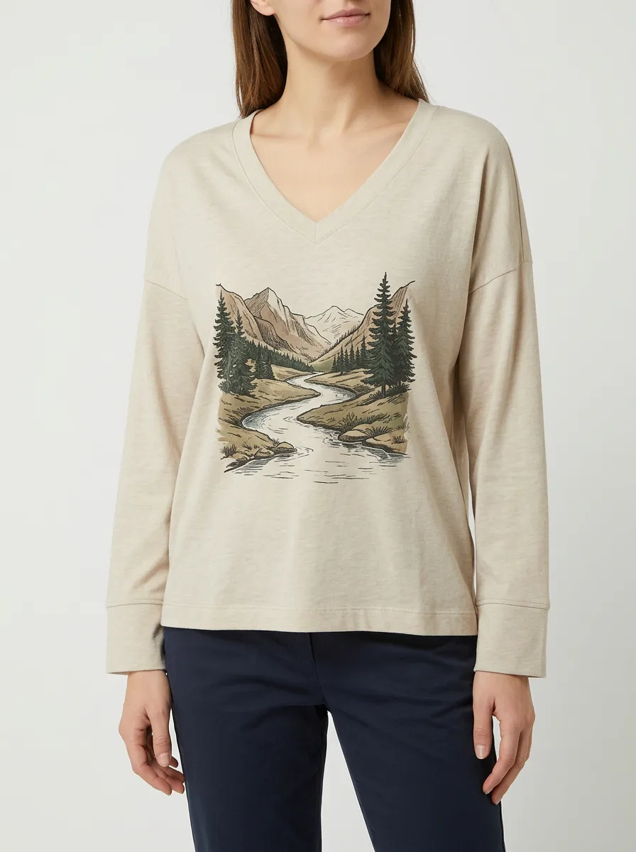 Women's Landscape Graphic V-Neck Long-Sleeve Top