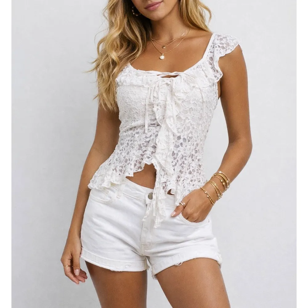 Boho Lace Ruffle Irregular Hem Front Tank Top